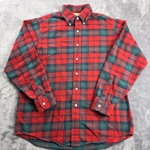 LL Bean Mens Flannel Shirt Medium Red Green Plaid Button Down Cotton C246